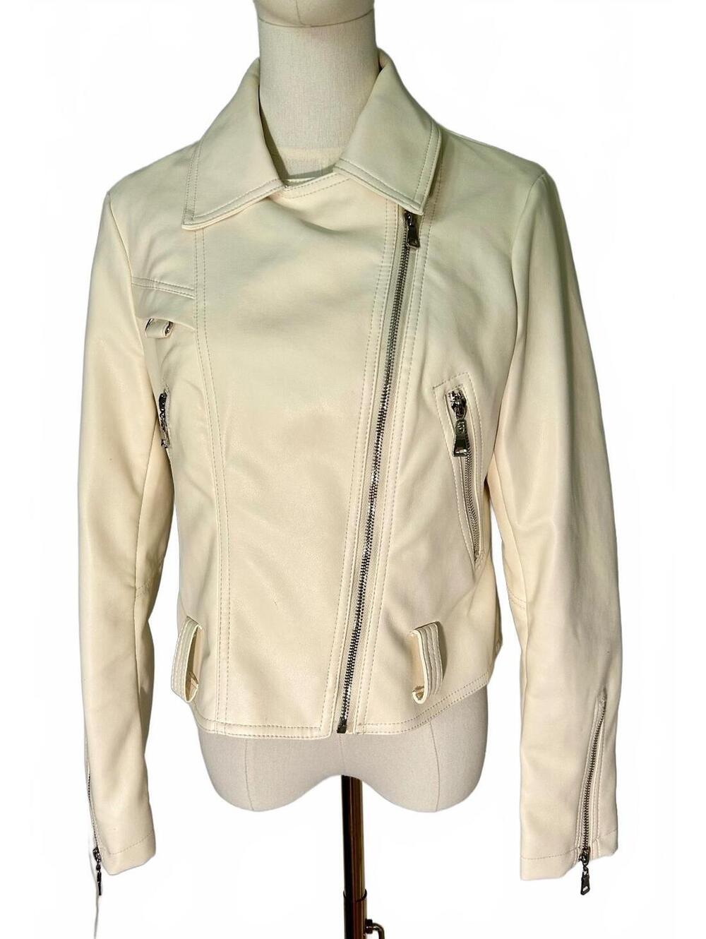 Molly Bracken Womens M Ivory Faux Leather Moto Jacket Y2K Biker Zip Cropped